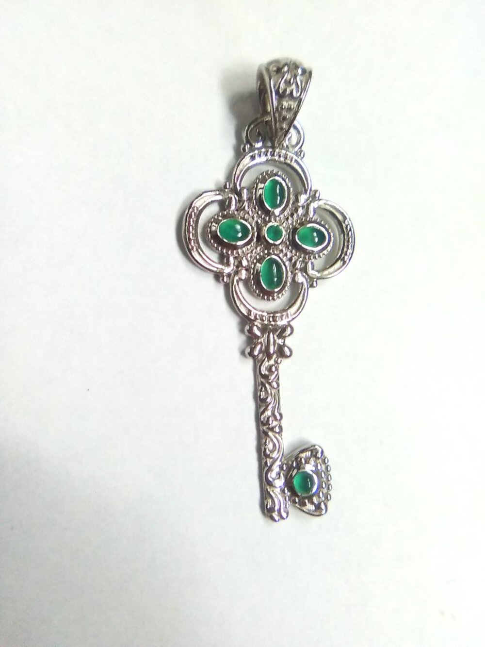 Silver Key Pendant with Green Chalcedony Accents